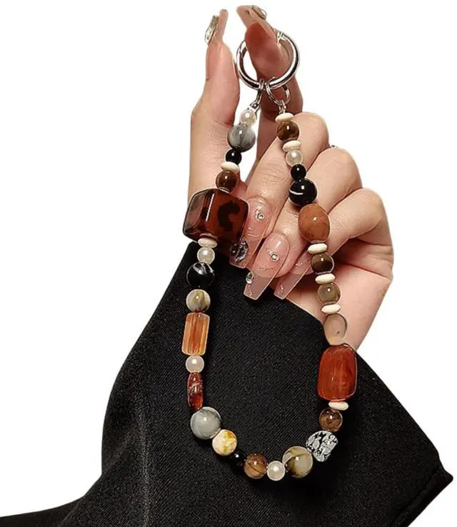 Main image of Phone Charm with Crystal/Handpainted Bead Wrist Strap for Women Girl