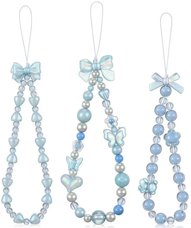 Main image of 3 Pcs Phone Charms Strap Camera Charm Strap Pearl Beaded Butterfly Bow Flower Cute Phone Wrist Lanyard Bracelet for Camera Keychain Wallet Decor Back to School Gifts(Simple,Blue)
