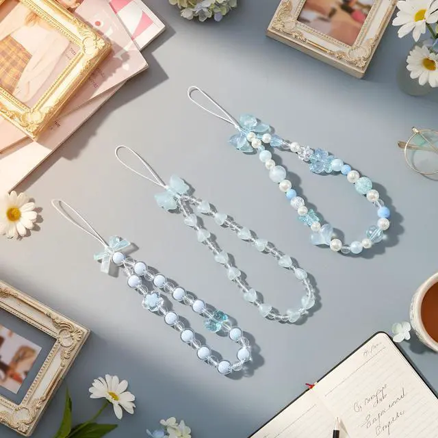 Alt view image 4 of 6 - 3 Pcs Phone Charms Strap Camera Charm Strap Pearl Beaded Butterfly Bow Flower Cute Phone Wrist Lanyard Bracelet for Camera Keychain Wallet Decor Back to School Gifts(Simple,Blue)