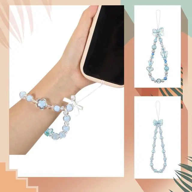 Alt view image 6 of 6 - 3 Pcs Phone Charms Strap Camera Charm Strap Pearl Beaded Butterfly Bow Flower Cute Phone Wrist Lanyard Bracelet for Camera Keychain Wallet Decor Back to School Gifts(Simple,Blue)