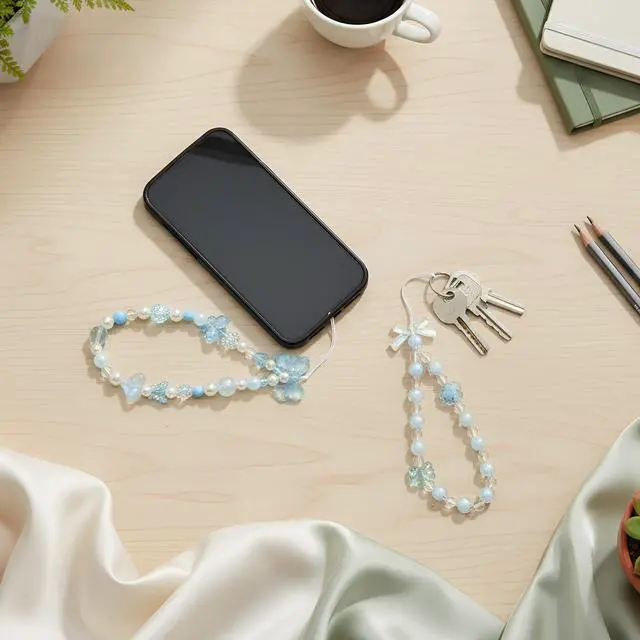 Alt view image 3 of 6 - 3 Pcs Phone Charms Strap Camera Charm Strap Pearl Beaded Butterfly Bow Flower Cute Phone Wrist Lanyard Bracelet for Camera Keychain Wallet Decor Back to School Gifts(Simple,Blue)