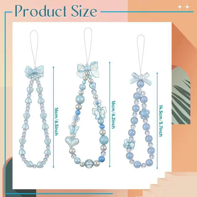 Alt view image 2 of 6 - 3 Pcs Phone Charms Strap Camera Charm Strap Pearl Beaded Butterfly Bow Flower Cute Phone Wrist Lanyard Bracelet for Camera Keychain Wallet Decor Back to School Gifts(Simple,Blue)