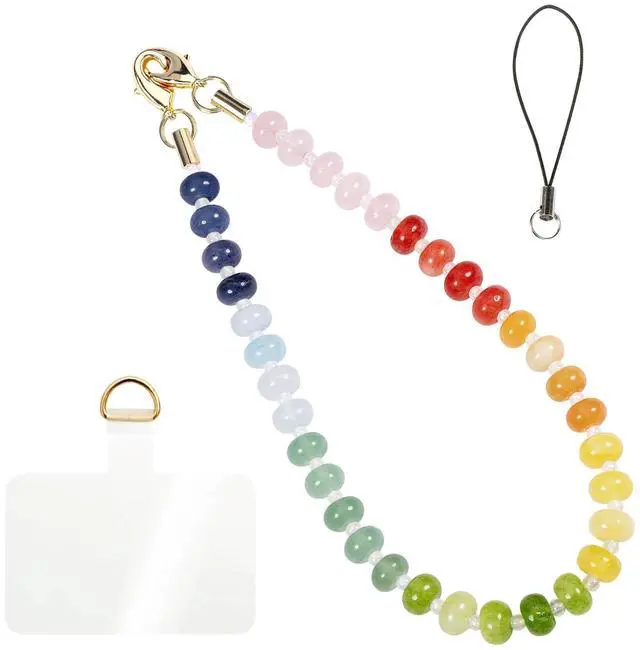 Main image of Handmade Natural Gemstone Crystal Beaded Charm Cell Phone Camera Lanyard, Hands-Free Wrist Strap, Phone Chain String, Keychain Decor for Walle (Rainbow)