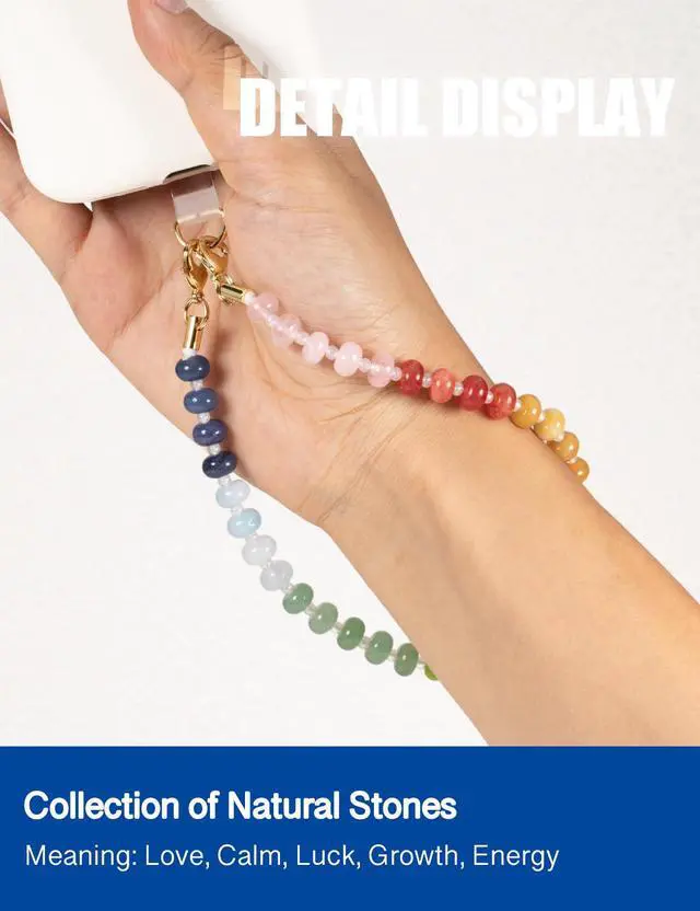 Alt view image 2 of 6 - Handmade Natural Gemstone Crystal Beaded Charm Cell Phone Camera Lanyard, Hands-Free Wrist Strap, Phone Chain String, Keychain Decor for Walle (Rainbow)