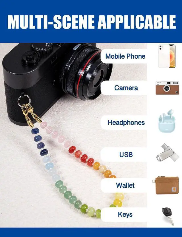 Alt view image 3 of 6 - Handmade Natural Gemstone Crystal Beaded Charm Cell Phone Camera Lanyard, Hands-Free Wrist Strap, Phone Chain String, Keychain Decor for Walle (Rainbow)