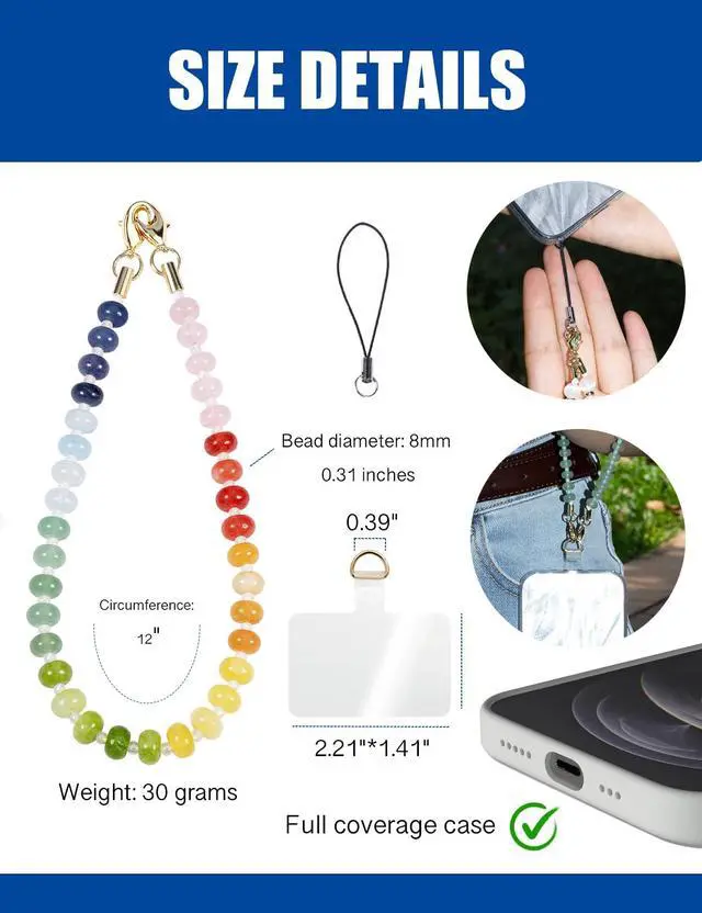 Alt view image 5 of 6 - Handmade Natural Gemstone Crystal Beaded Charm Cell Phone Camera Lanyard, Hands-Free Wrist Strap, Phone Chain String, Keychain Decor for Walle (Rainbow)