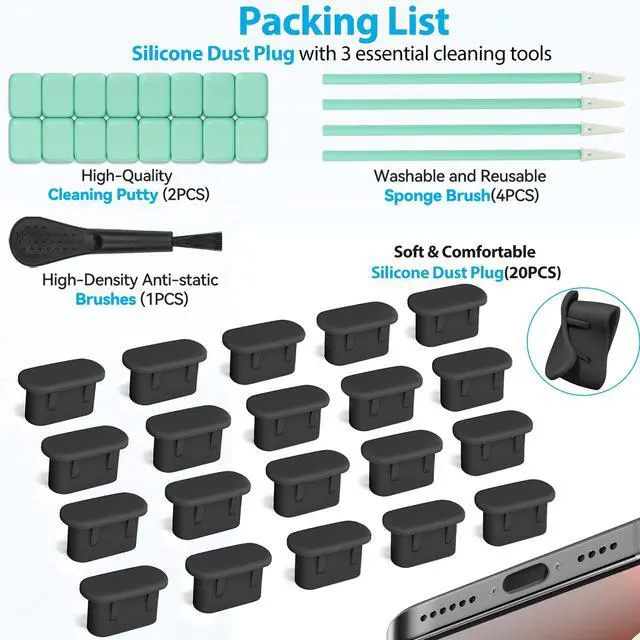 Alt view image 6 of 7 - Silicone USB C Dust Plug,4-in-1 27 Pack Type C Anti Dust Plug Cleaning Tool Set,USB C Plug Cover Charging Port Protector for iPhone 15/16/17, Kindle, Samsung, One Plus, All USB C-Port Devices