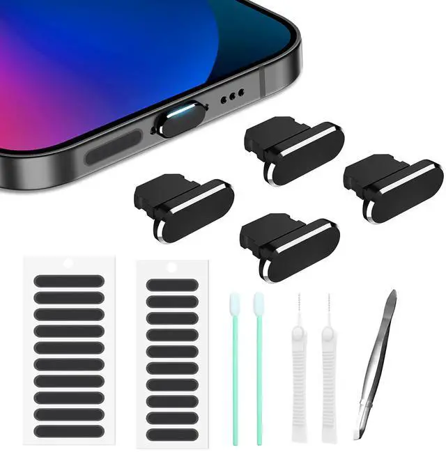Main image of Dust Plug for iPhone, Compatible with iPhone and AirPods, Lightning Port Plug Protector Charging Port Anti Dust Cover Includes Speaker Cover (Black)