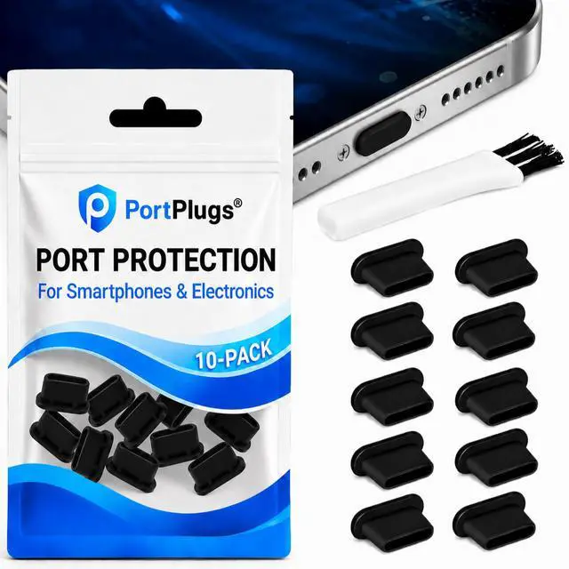 Main image of USB C Dust Plugs Keep Charging Ports Clean for iPhone 15 16 17, Kindle, Samsung, Pixel, MacBook and Android Devices | 10 Pack Port Cover Set with Cleaning Brush (Black)