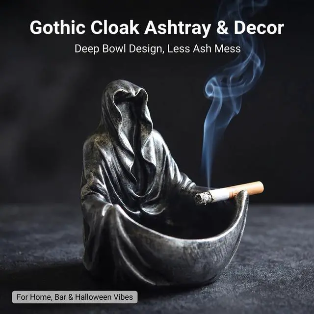 Alt view image 2 of 7 - Grim Reaper Cloak Ashtray, Gothic Spooky Ghost Figurine Decor, Dark Style Art Ornamen,Unique Novelty Gift for Home Bar Halloween