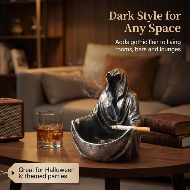 Alt view image 5 of 7 - Grim Reaper Cloak Ashtray, Gothic Spooky Ghost Figurine Decor, Dark Style Art Ornamen,Unique Novelty Gift for Home Bar Halloween