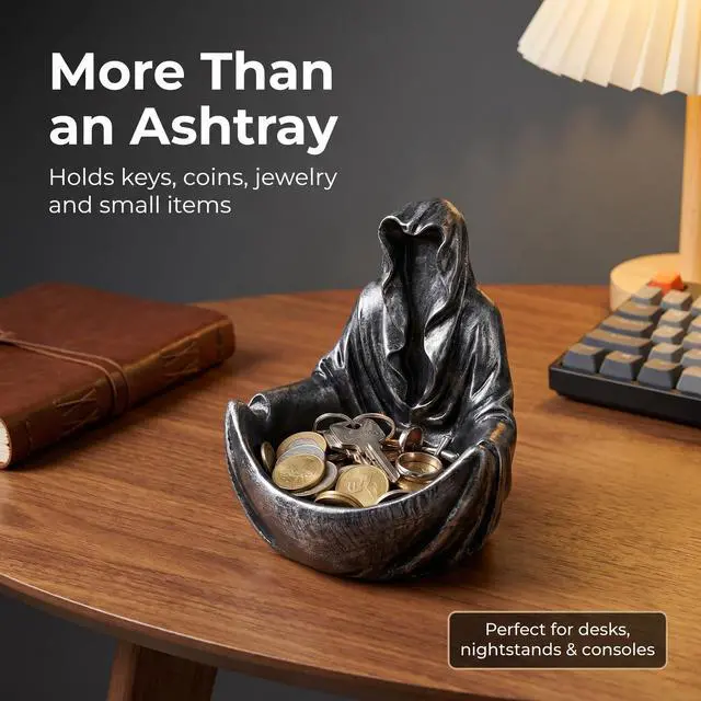 Alt view image 3 of 7 - Grim Reaper Cloak Ashtray, Gothic Spooky Ghost Figurine Decor, Dark Style Art Ornamen,Unique Novelty Gift for Home Bar Halloween