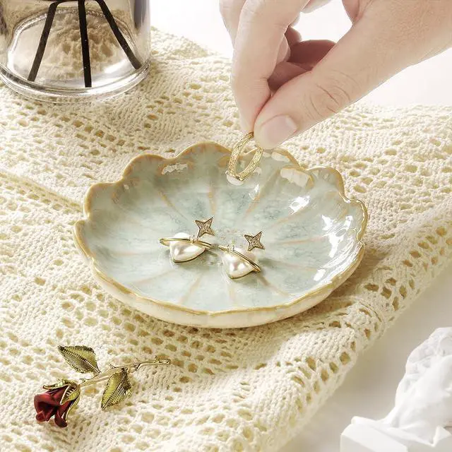 Alt view image 3 of 6 - Lotus Ring Holder Dish Small Indoor Ash Tray, Ceramic Dessert Plate Trinket Jewelry Holder Organizing Necklace Earrings for Parents Friends Sister, Light Green. All Jewelries Are NOT Included.