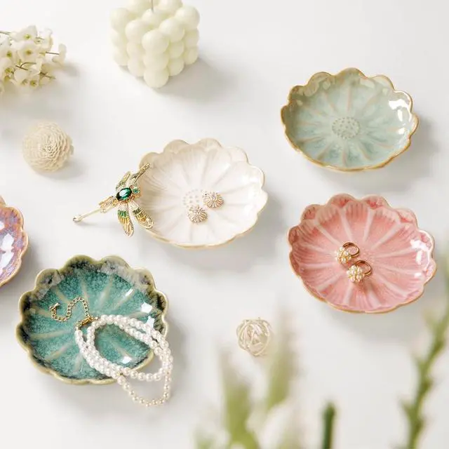 Alt view image 4 of 6 - Lotus Ring Holder Dish Small Indoor Ash Tray, Ceramic Dessert Plate Trinket Jewelry Holder Organizing Necklace Earrings for Parents Friends Sister, Light Green. All Jewelries Are NOT Included.