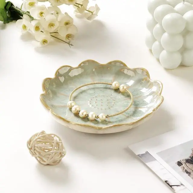 Alt view image 5 of 6 - Lotus Ring Holder Dish Small Indoor Ash Tray, Ceramic Dessert Plate Trinket Jewelry Holder Organizing Necklace Earrings for Parents Friends Sister, Light Green. All Jewelries Are NOT Included.