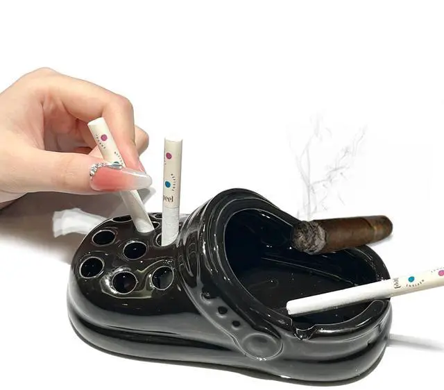Main image of Creative Clogs Ceramic Cigarette Ashtray, Cute Tabletop Portable Smokeless Ashtrays Smoking AshTray for Home Indoor Outside Patio Office Cool Cigar Ashtray Handmade Gift for Men Women (Black)