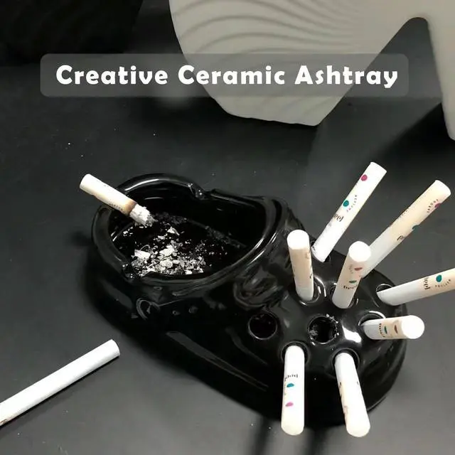 Alt view image 2 of 5 - Creative Clogs Ceramic Cigarette Ashtray, Cute Tabletop Portable Smokeless Ashtrays Smoking AshTray for Home Indoor Outside Patio Office Cool Cigar Ashtray Handmade Gift for Men Women (Black)