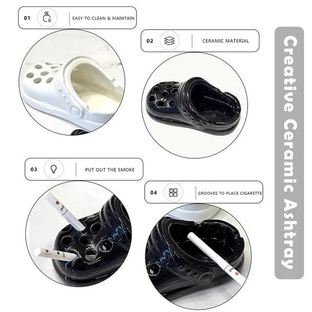 Alt view image 4 of 5 - Creative Clogs Ceramic Cigarette Ashtray, Cute Tabletop Portable Smokeless Ashtrays Smoking AshTray for Home Indoor Outside Patio Office Cool Cigar Ashtray Handmade Gift for Men Women (Black)
