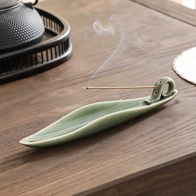 Alt view image 7 of 7 - 9" Length Incense Stick Holder with 3 Holes, White Porcelain Incense Tray Ash Cather for Spa, Meditation Room, Yoga, Home, Office (Green)