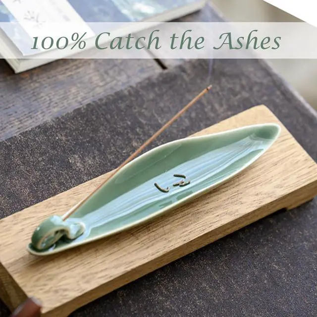 Alt view image 6 of 7 - 9" Length Incense Stick Holder with 3 Holes, White Porcelain Incense Tray Ash Cather for Spa, Meditation Room, Yoga, Home, Office (Green)