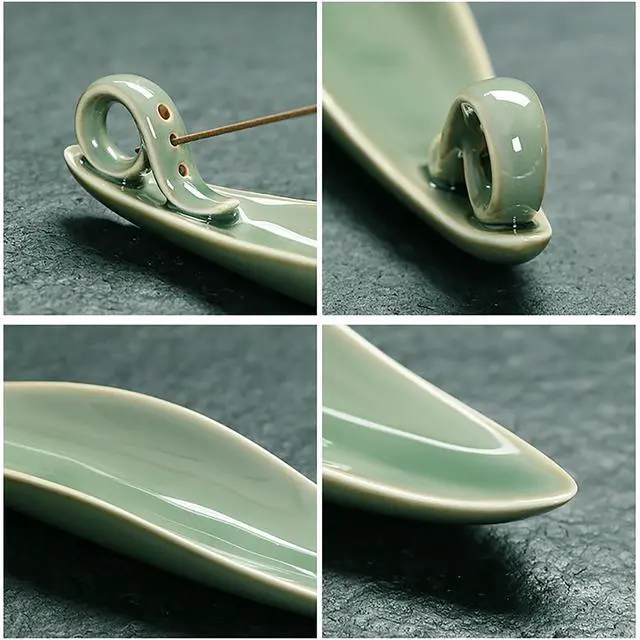 Alt view image 4 of 7 - 9" Length Incense Stick Holder with 3 Holes, White Porcelain Incense Tray Ash Cather for Spa, Meditation Room, Yoga, Home, Office (Green)