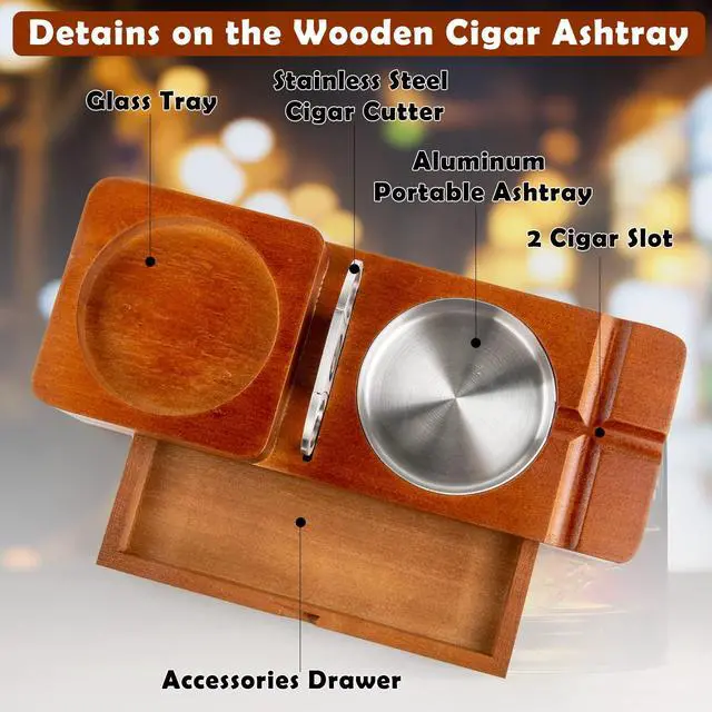 Alt view image 2 of 6 - Gifts Cigar Ashtray Coaster Whiskey Glass Tray and Cigar Holder, Wooden Ash Tray, Slot to Hold Cigar, Cigar Rest Cigar Accessory Set Gift for Men Dad, Great Decor for Home(Large drawer)