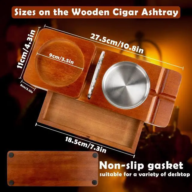 Alt view image 3 of 6 - Gifts Cigar Ashtray Coaster Whiskey Glass Tray and Cigar Holder, Wooden Ash Tray, Slot to Hold Cigar, Cigar Rest Cigar Accessory Set Gift for Men Dad, Great Decor for Home(Large drawer)