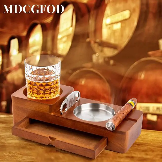 Alt view image 5 of 6 - Gifts Cigar Ashtray Coaster Whiskey Glass Tray and Cigar Holder, Wooden Ash Tray, Slot to Hold Cigar, Cigar Rest Cigar Accessory Set Gift for Men Dad, Great Decor for Home(Large drawer)
