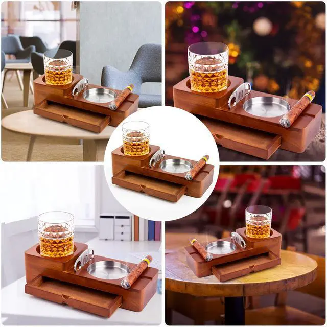 Alt view image 6 of 6 - Gifts Cigar Ashtray Coaster Whiskey Glass Tray and Cigar Holder, Wooden Ash Tray, Slot to Hold Cigar, Cigar Rest Cigar Accessory Set Gift for Men Dad, Great Decor for Home(Large drawer)