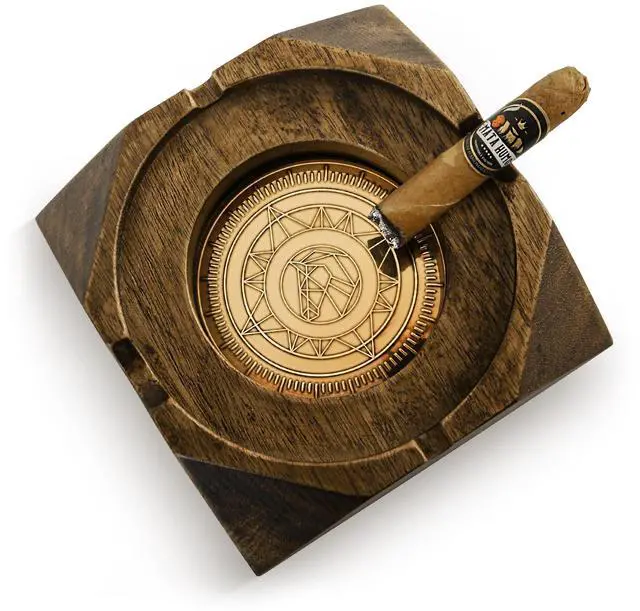 Main image of Wooden Cigar Ashtray Accessories for Cigarettes - Indoor Outdoor Patio Home Office Use - Quadrangular Wooden Brown Ash Tray Gift Set for Men Great Decor for Home Office or Bar