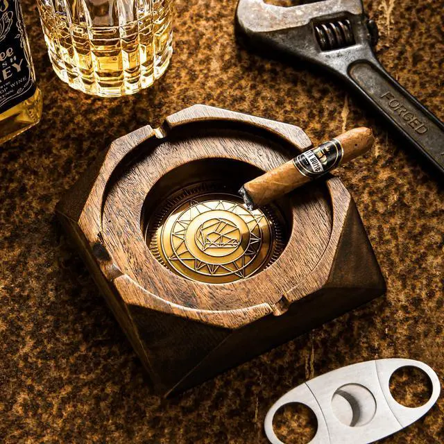 Alt view image 2 of 6 - Wooden Cigar Ashtray Accessories for Cigarettes - Indoor Outdoor Patio Home Office Use - Quadrangular Wooden Brown Ash Tray Gift Set for Men Great Decor for Home Office or Bar