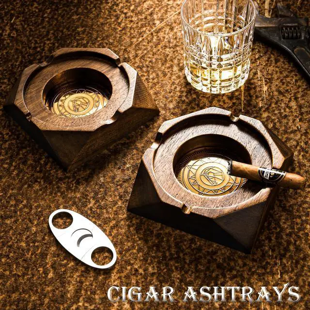 Alt view image 5 of 6 - Wooden Cigar Ashtray Accessories for Cigarettes - Indoor Outdoor Patio Home Office Use - Quadrangular Wooden Brown Ash Tray Gift Set for Men Great Decor for Home Office or Bar