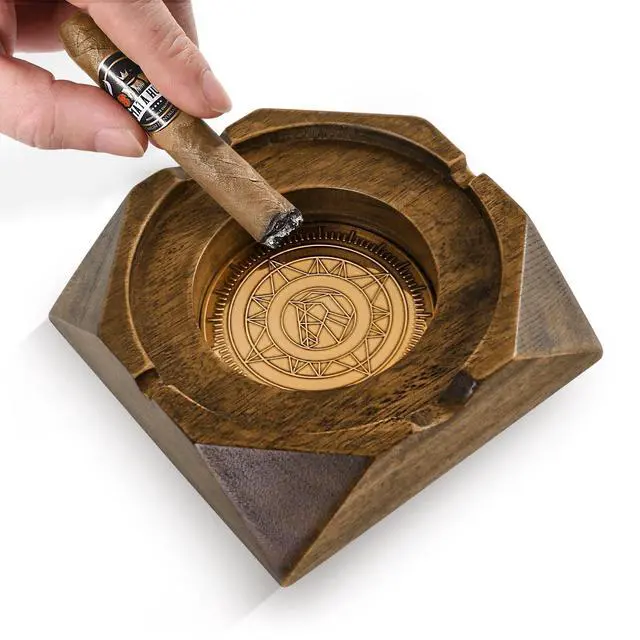 Alt view image 6 of 6 - Wooden Cigar Ashtray Accessories for Cigarettes - Indoor Outdoor Patio Home Office Use - Quadrangular Wooden Brown Ash Tray Gift Set for Men Great Decor for Home Office or Bar