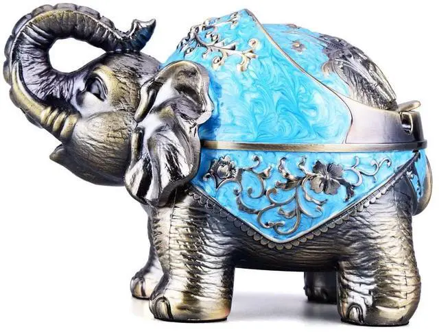 Main image of Stand Elephant Decorative Windproof Ashtray with Lid for Cigarettes Metal Portable Cigar Ashtray Odor Eliminator Indoor outdoor Hand Carved Fancy Gift ornament for Men Women (Light Blue)