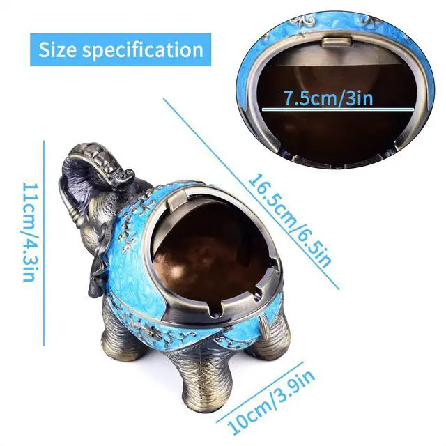 Alt view image 2 of 7 - Stand Elephant Decorative Windproof Ashtray with Lid for Cigarettes Metal Portable Cigar Ashtray Odor Eliminator Indoor outdoor Hand Carved Fancy Gift ornament for Men Women (Light Blue)