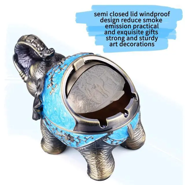 Alt view image 4 of 7 - Stand Elephant Decorative Windproof Ashtray with Lid for Cigarettes Metal Portable Cigar Ashtray Odor Eliminator Indoor outdoor Hand Carved Fancy Gift ornament for Men Women (Light Blue)