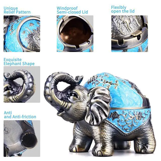 Alt view image 3 of 7 - Stand Elephant Decorative Windproof Ashtray with Lid for Cigarettes Metal Portable Cigar Ashtray Odor Eliminator Indoor outdoor Hand Carved Fancy Gift ornament for Men Women (Light Blue)