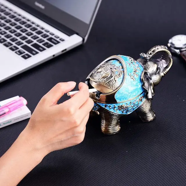 Alt view image 7 of 7 - Stand Elephant Decorative Windproof Ashtray with Lid for Cigarettes Metal Portable Cigar Ashtray Odor Eliminator Indoor outdoor Hand Carved Fancy Gift ornament for Men Women (Light Blue)