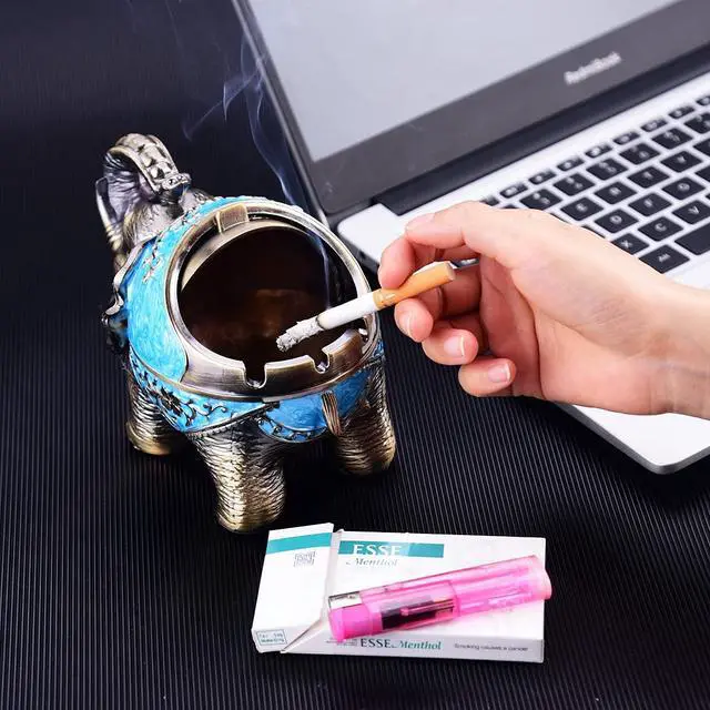 Alt view image 6 of 7 - Stand Elephant Decorative Windproof Ashtray with Lid for Cigarettes Metal Portable Cigar Ashtray Odor Eliminator Indoor outdoor Hand Carved Fancy Gift ornament for Men Women (Light Blue)