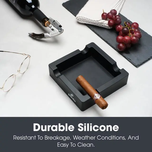 Alt view image 2 of 6 - Unbreakable Cigar Ashtray for Outdoors- Large Ring Gauge Designed - Square Matte Black - Ideal for Large Cigars - Indoor/Outdoor Use - 4 Holder Design - 6x6x1.5 inches