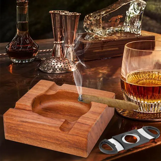 Alt view image 3 of 6 - Premium Wooden Cigar Ashtray with Cigar Cutter, Large Cigarette Ash Tray Set with 4 Slot Holder, Accessories Outdoor Indoor Home Bar Use, Ideal Gift Christmas Father's day for Men