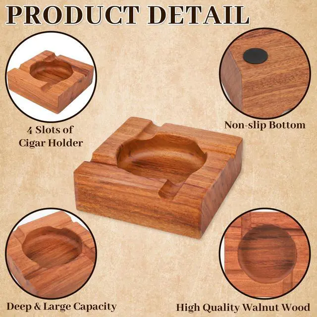 Alt view image 4 of 6 - Premium Wooden Cigar Ashtray with Cigar Cutter, Large Cigarette Ash Tray Set with 4 Slot Holder, Accessories Outdoor Indoor Home Bar Use, Ideal Gift Christmas Father's day for Men