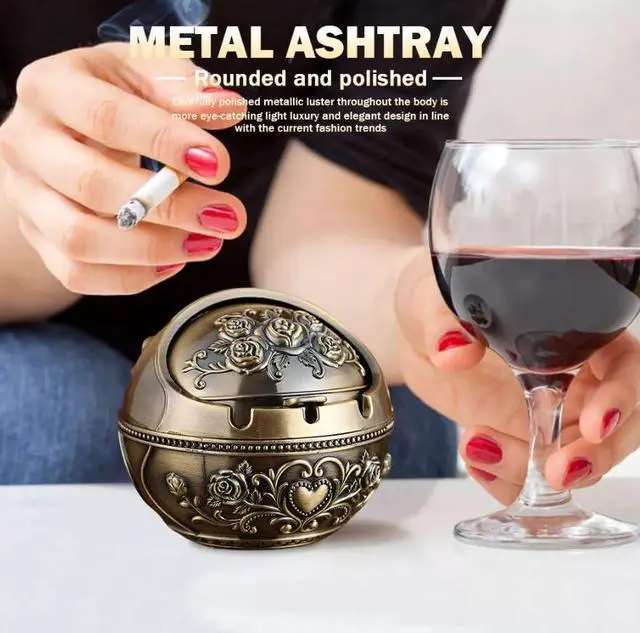 Alt view image 3 of 7 - Windproof Metal Ashtrays with Lid Fancy Desktop Smokeless Ashtray Vintage Cigar Ash Holder Pretty Cigar Smoke Ashtray Portable Cigarettes Ash Tray for Home Office Housewarming Gift, 3.14"