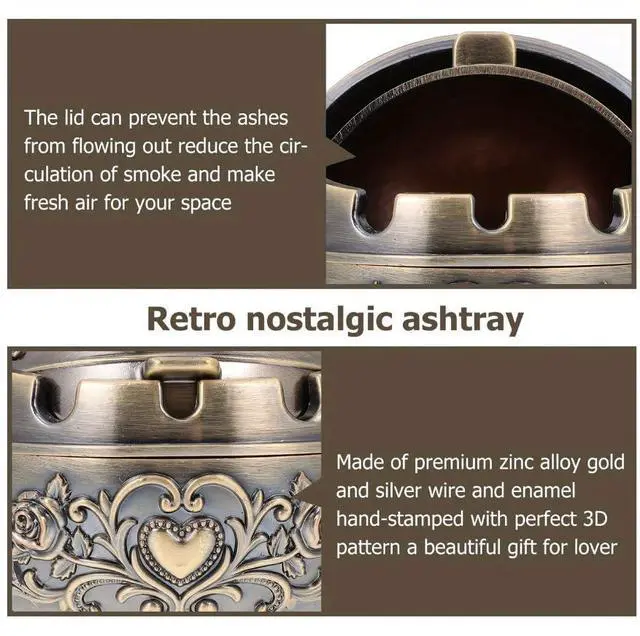 Alt view image 4 of 7 - Windproof Metal Ashtrays with Lid Fancy Desktop Smokeless Ashtray Vintage Cigar Ash Holder Pretty Cigar Smoke Ashtray Portable Cigarettes Ash Tray for Home Office Housewarming Gift, 3.14"