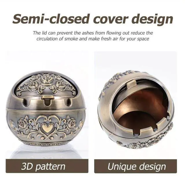 Alt view image 5 of 7 - Windproof Metal Ashtrays with Lid Fancy Desktop Smokeless Ashtray Vintage Cigar Ash Holder Pretty Cigar Smoke Ashtray Portable Cigarettes Ash Tray for Home Office Housewarming Gift, 3.14"