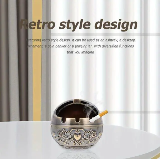 Alt view image 6 of 7 - Windproof Metal Ashtrays with Lid Fancy Desktop Smokeless Ashtray Vintage Cigar Ash Holder Pretty Cigar Smoke Ashtray Portable Cigarettes Ash Tray for Home Office Housewarming Gift, 3.14"