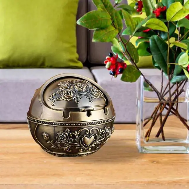 Alt view image 7 of 7 - Windproof Metal Ashtrays with Lid Fancy Desktop Smokeless Ashtray Vintage Cigar Ash Holder Pretty Cigar Smoke Ashtray Portable Cigarettes Ash Tray for Home Office Housewarming Gift, 3.14"