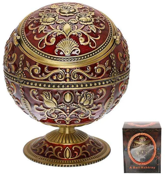 Main image of Vintage Windproof Ashtray with Lid for Cigarettes & Cigars - Metal Portable Odor Eliminator for Indoors & Outdoors - Hand Stamped Nice Gift for Men & Women - (Dark Red with Bronze Rose)