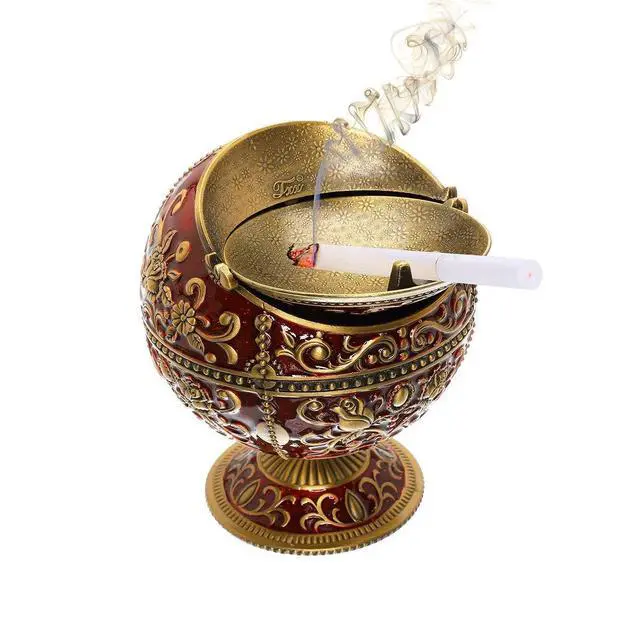 Alt view image 2 of 7 - Vintage Windproof Ashtray with Lid for Cigarettes & Cigars - Metal Portable Odor Eliminator for Indoors & Outdoors - Hand Stamped Nice Gift for Men & Women - (Dark Red with Bronze Rose)