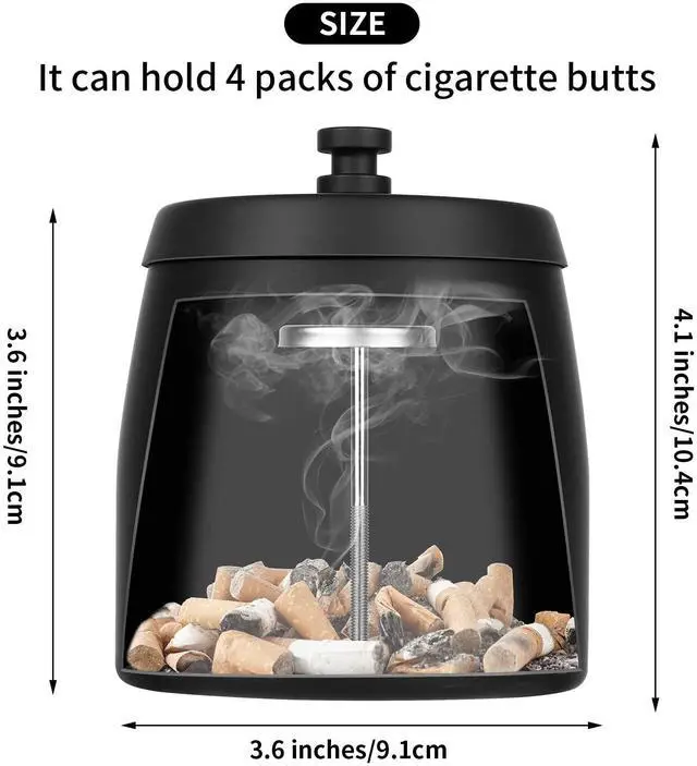Alt view image 2 of 6 - Outdoor Ashtrays for Patio with Lid, Outdoor Ash Tray Sets for Cigarettes, Stainless Steel Windproof Ashtrays Large Covered Outside Odorless Iron Metal Indoor Tabletop, Black, Medium